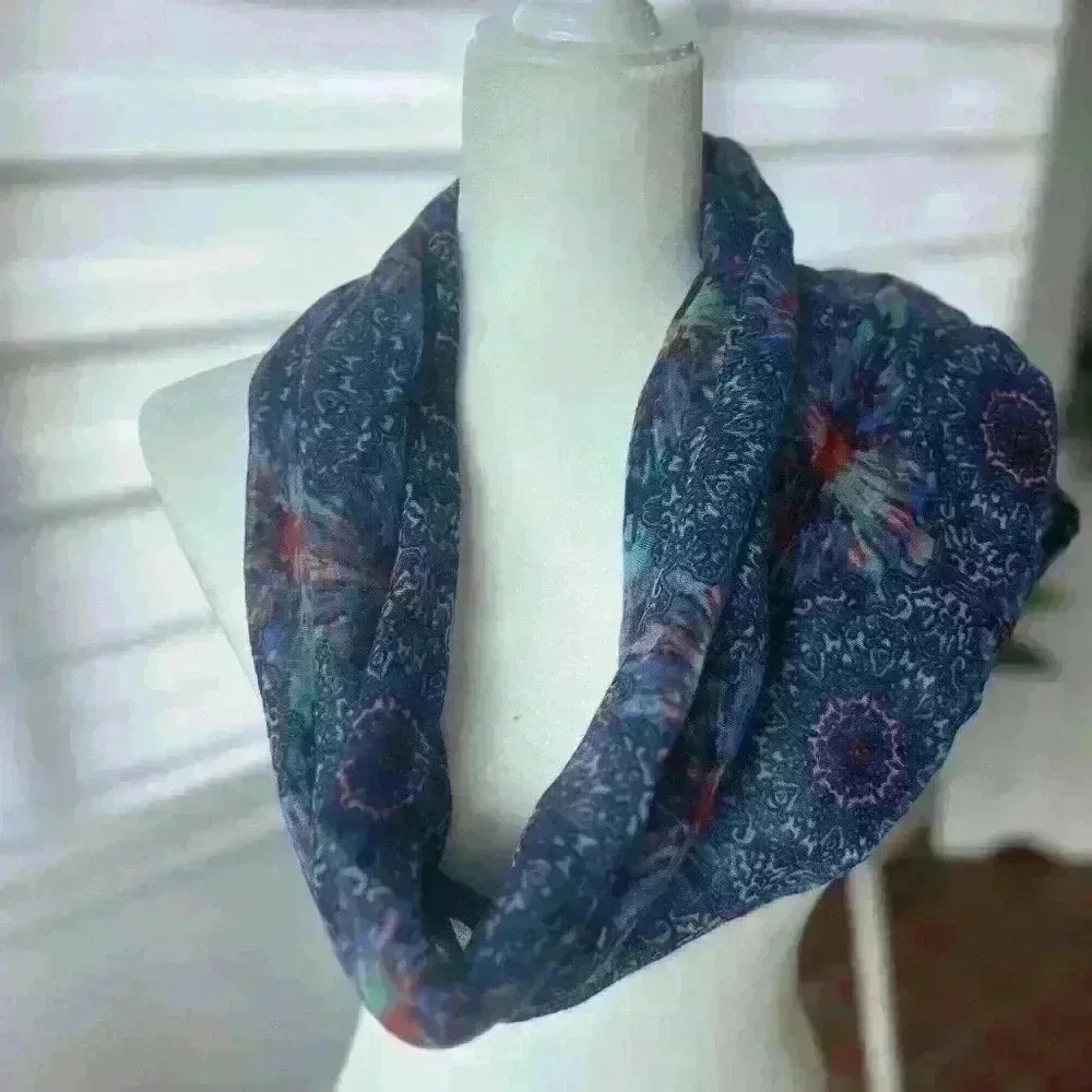 Infinity Scarf - Color Blue with whimsical designs- 100% Polyester